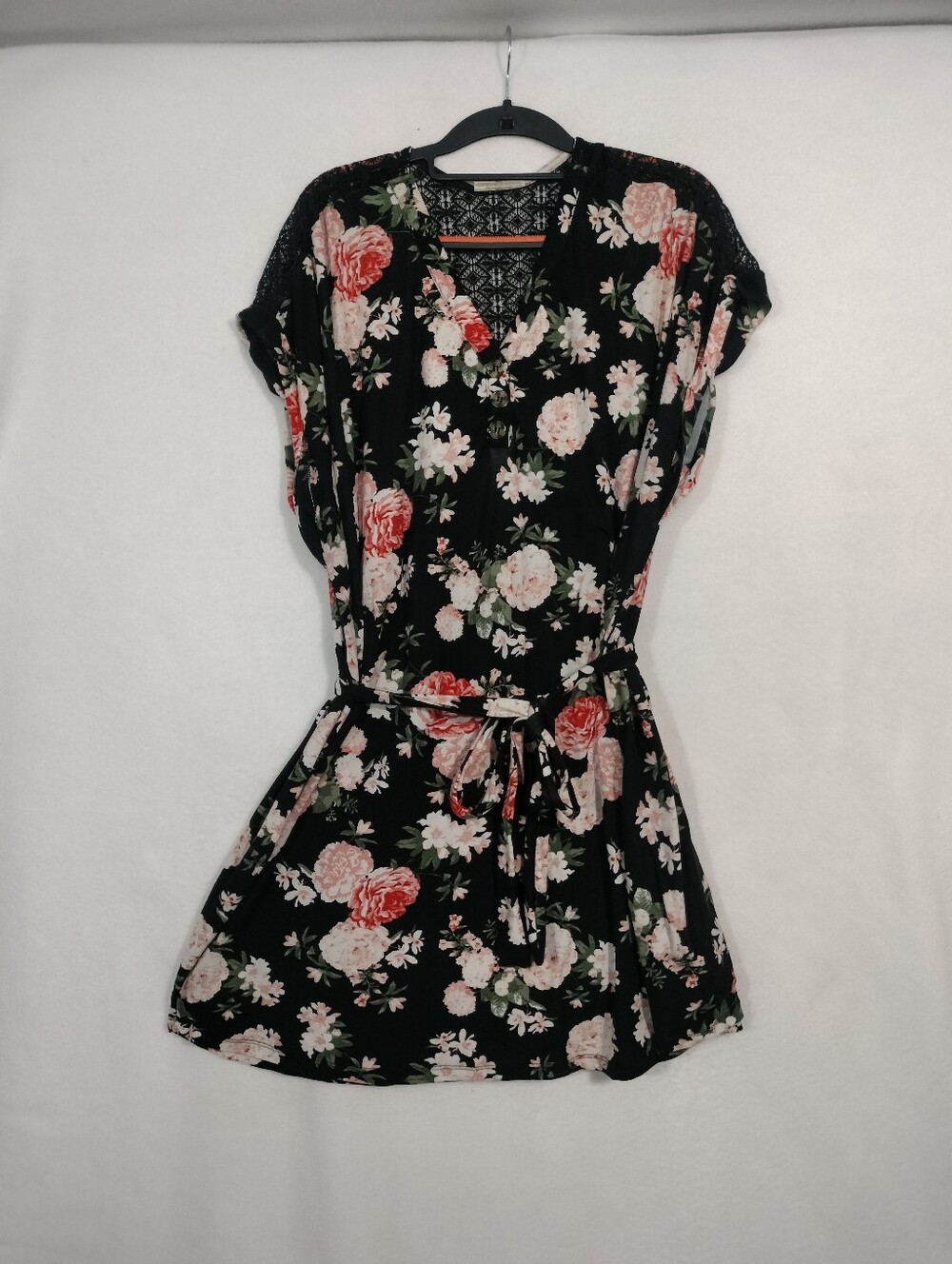 Bobbie Brooks Black Floral Tie-Waist Mini Dress with Pink Blooms